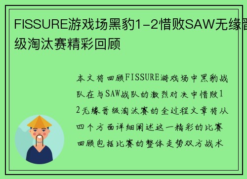 FISSURE游戏场黑豹1-2惜败SAW无缘晋级淘汰赛精彩回顾