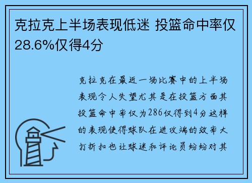 克拉克上半场表现低迷 投篮命中率仅28.6%仅得4分