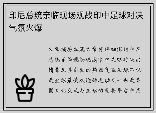 印尼总统亲临现场观战印中足球对决气氛火爆